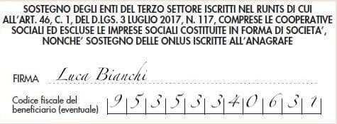 Esempio di compilazione del 5x1000 nel modello di dichiarazione dei redditi